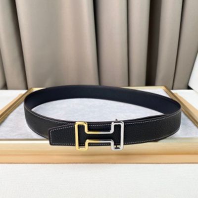 1:1  Hermes Black Leather Belt  with Gold&Silver"H" buckle Hollow 3.8cm